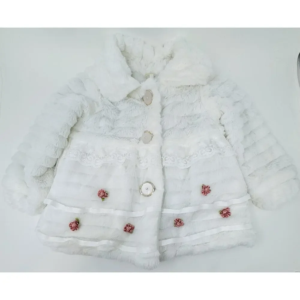 EUC toddler girl fancy coat.,Faux Fur‎ Tiers Lace Flowers, Cute Buttons.Size 10